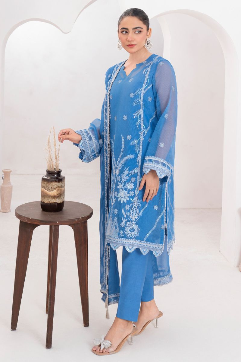 Fozia Khalid - NEELUM - Organza & Raw Silk - Teal Blue - 4 Piece