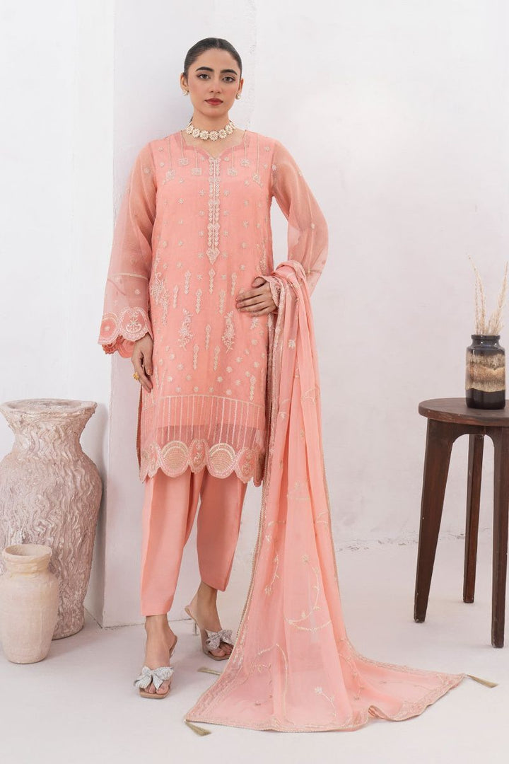 Fozia Khalid - RAYA - Organza & Raw Silk - Peach - 4 Piece