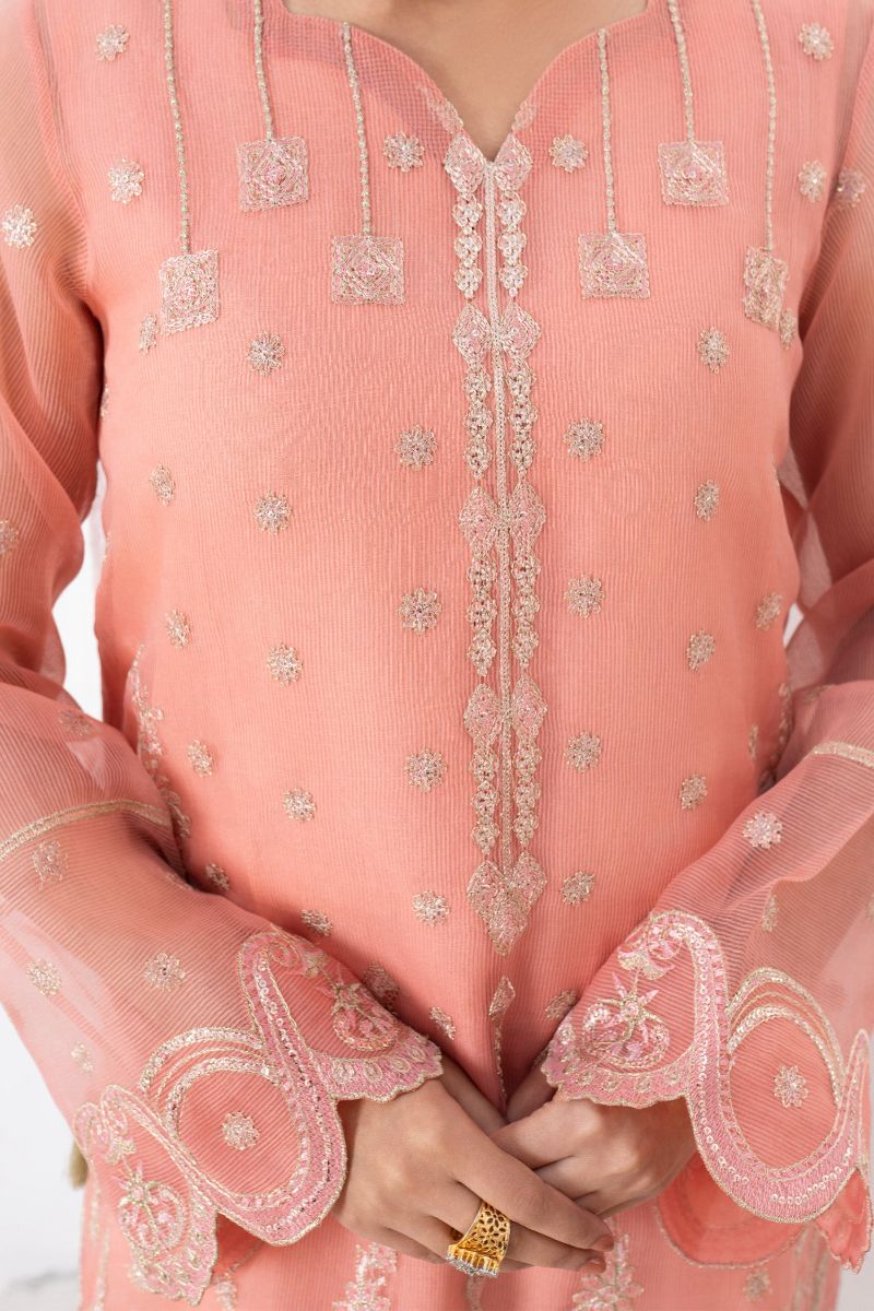 Fozia Khalid - RAYA - Organza & Raw Silk - Peach - 4 Piece