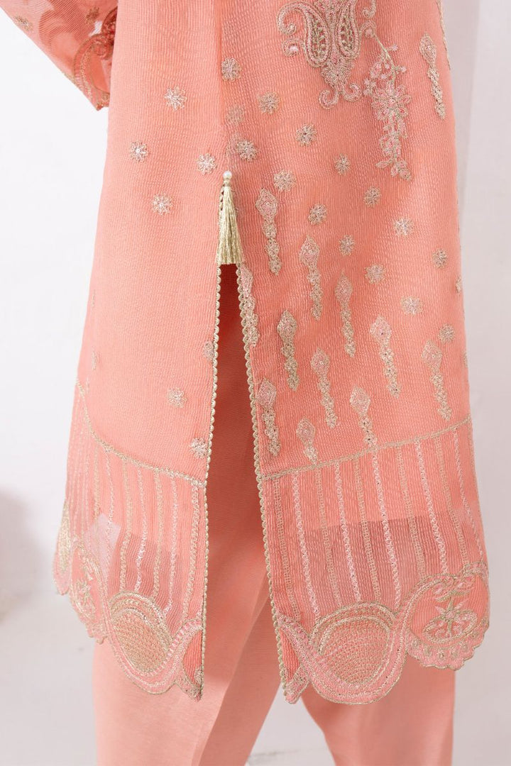 Fozia Khalid - RAYA - Organza & Raw Silk - Peach - 4 Piece