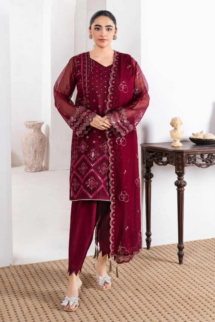 Fozia Khalid - RUBY - Organza & Raw Silk - Maroon - 4 Piece