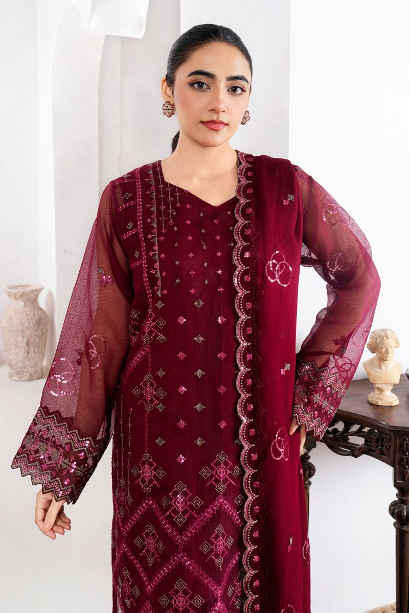 Fozia Khalid - RUBY - Organza & Raw Silk - Maroon - 4 Piece