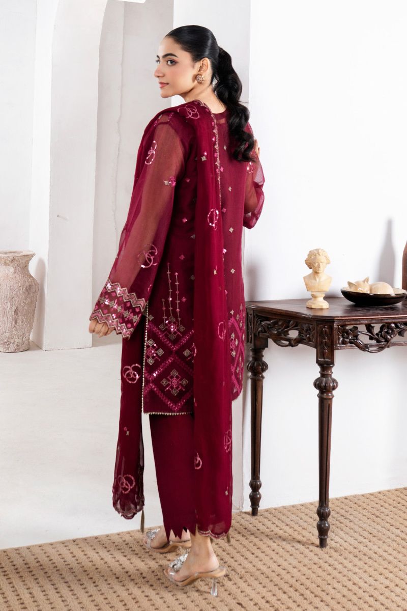 Fozia Khalid - RUBY - Organza & Raw Silk - Maroon - 4 Piece