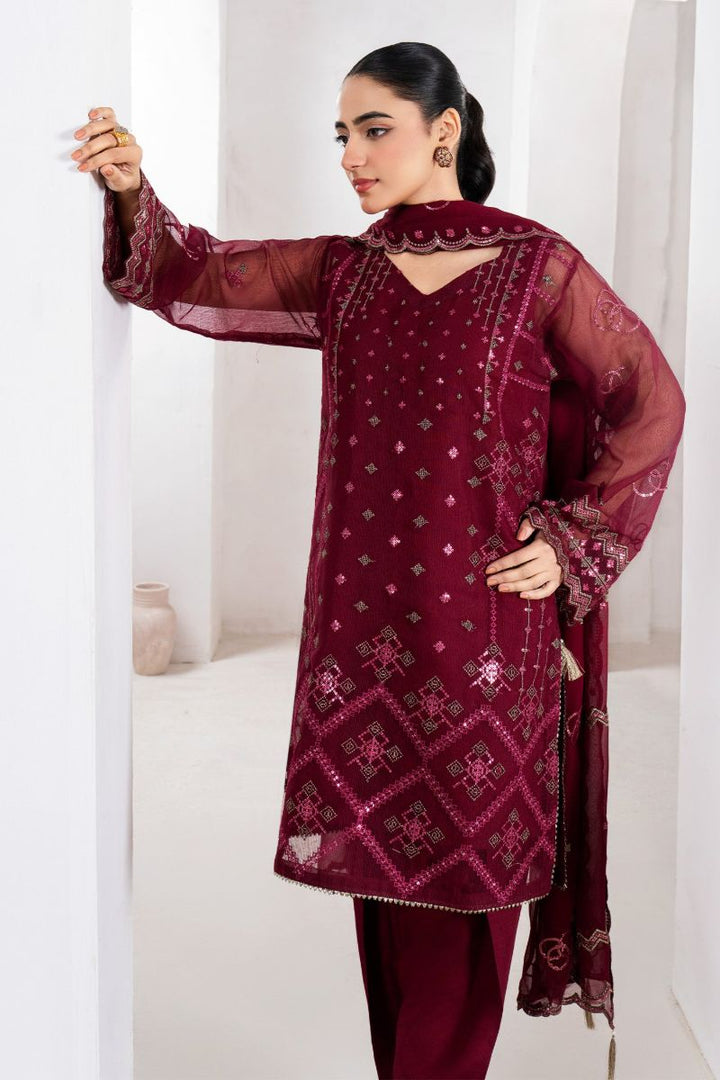 Fozia Khalid - RUBY - Organza & Raw Silk - Maroon - 4 Piece