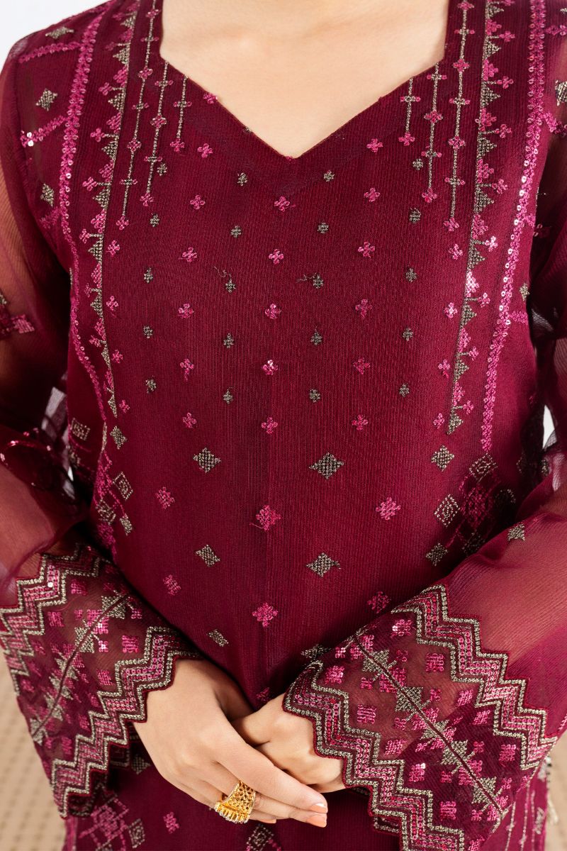 Fozia Khalid - RUBY - Organza & Raw Silk - Maroon - 4 Piece