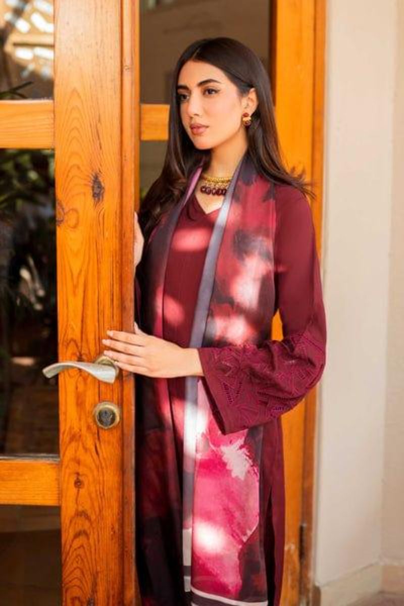 Natasha Kamal - Maroon Georgette Chiffon Coord Set with Printed Silk Dupatta - 3 Pieces