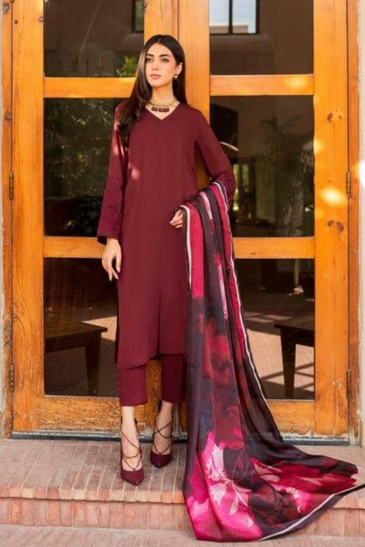 Natasha Kamal - Maroon Georgette Chiffon Coord Set with Printed Silk Dupatta - 3 Pieces