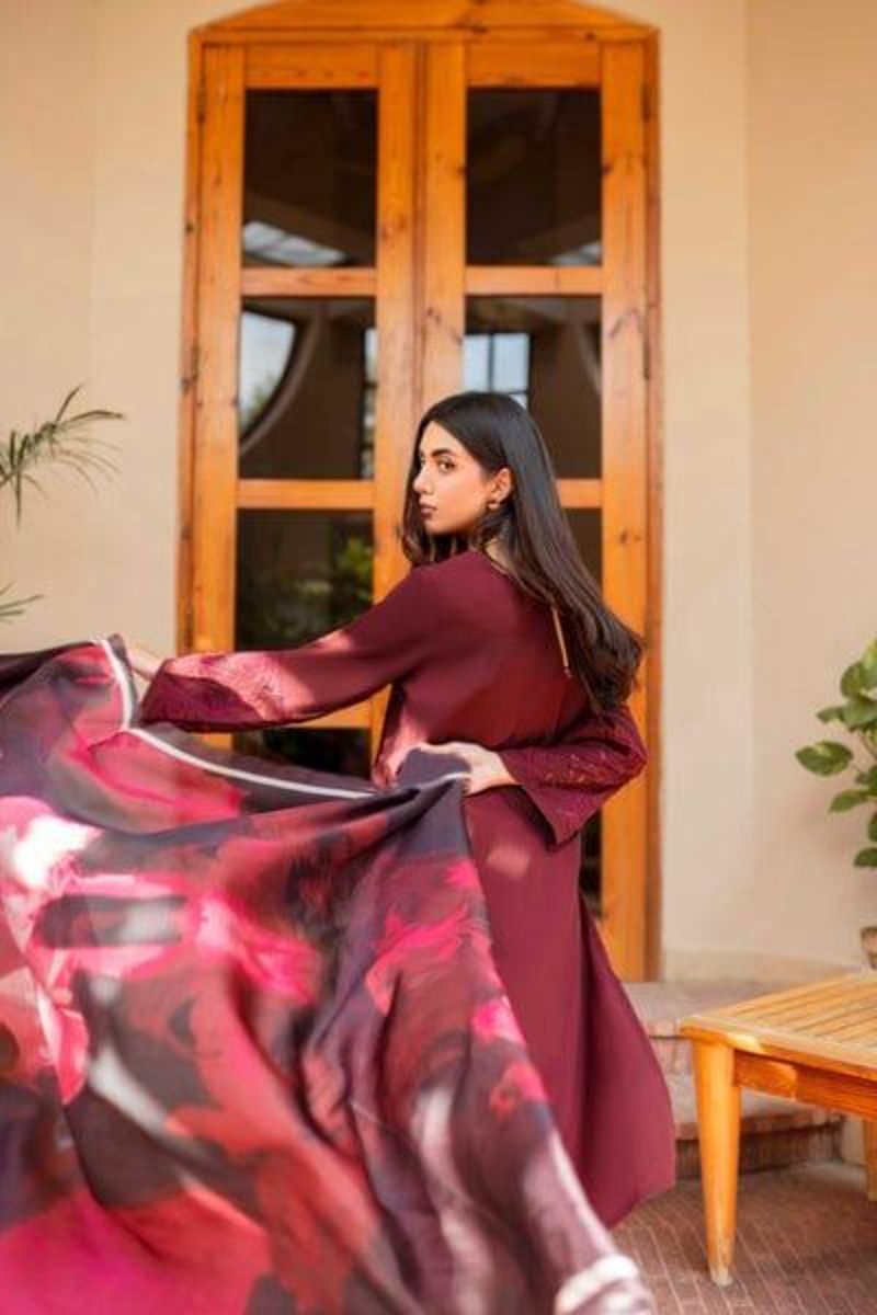 Natasha Kamal - Maroon Georgette Chiffon Coord Set with Printed Silk Dupatta - 3 Pieces