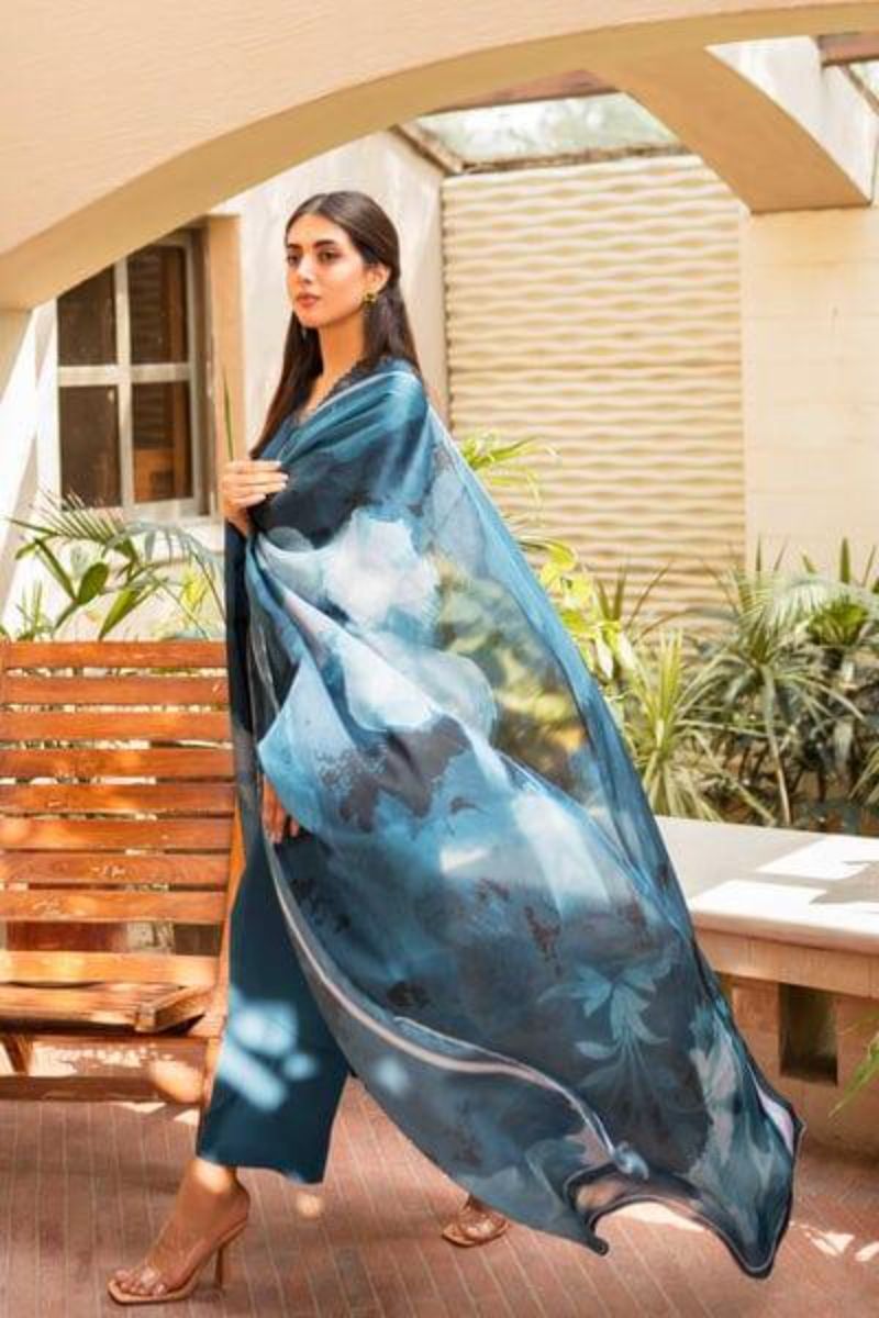 Natasha Kamal - Teal Georgette Chiffon Coord Set with Printed Silk Dupatta - 3 Pieces