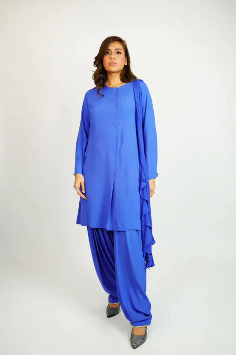 Gulabo - CORN FLOWER SHALWAR SUIT - Crepe - Electric Blue - 3 Piece