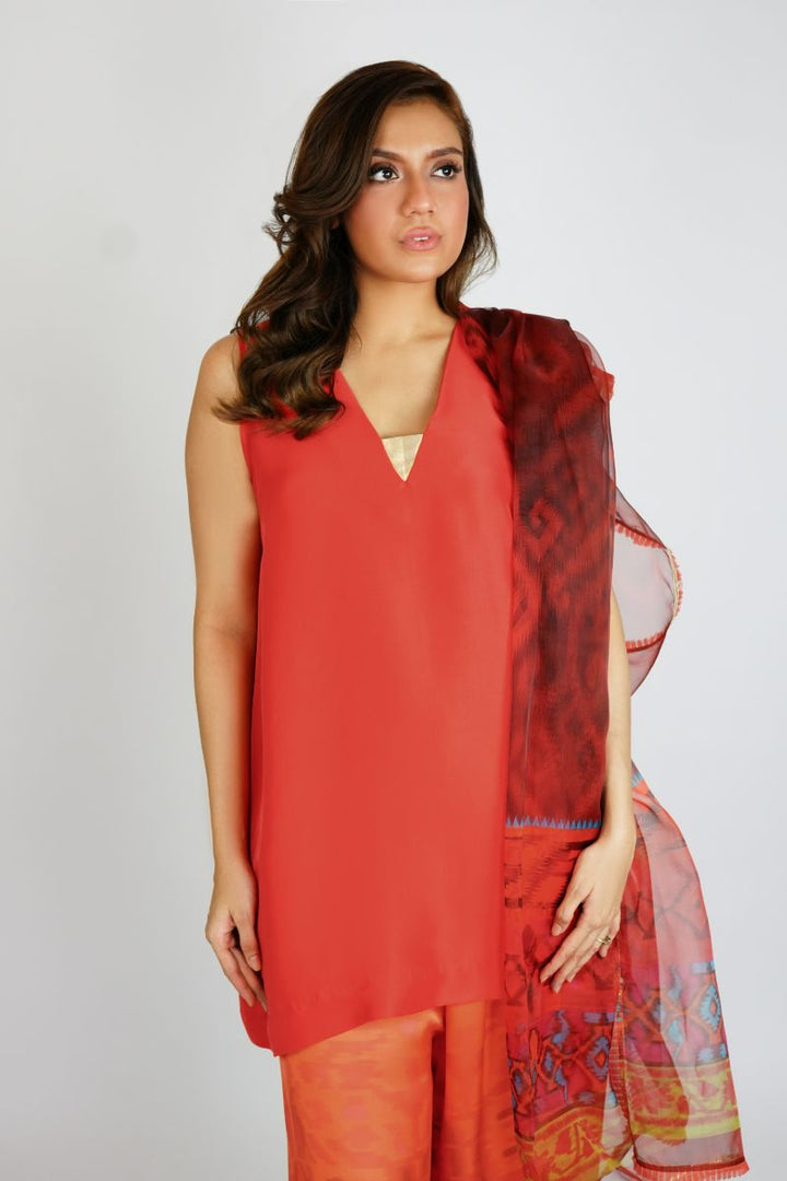 Gulabo - RED ROMANCE - 100% PURE RAW SILK, BLENDED SILK & ORGANZA - Red Marron - 3 Piece