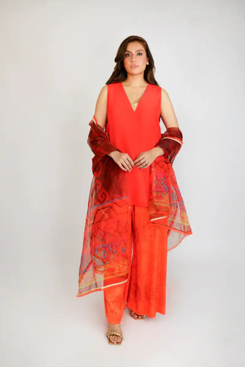 Gulabo - RED ROMANCE - 100% PURE RAW SILK - BLENDED SILK - ORGANZA - Red Maroon - 3 Piece