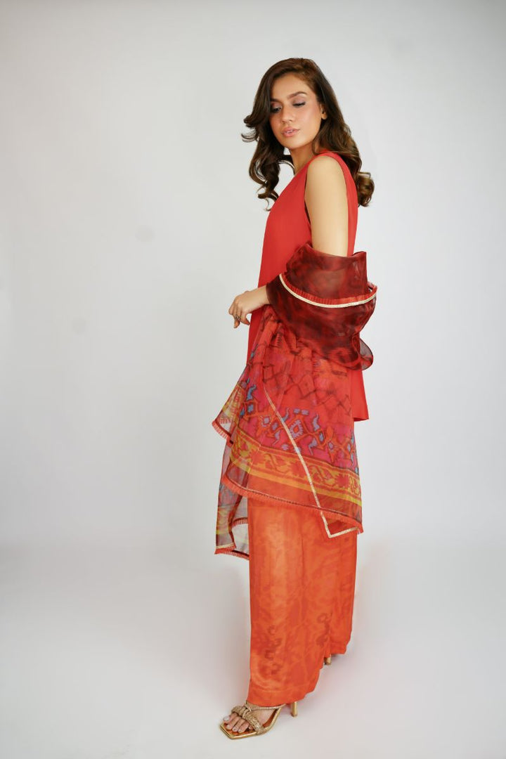 Gulabo - RED ROMANCE - 100% PURE RAW SILK, BLENDED SILK & ORGANZA - Red Marron - 3 Piece