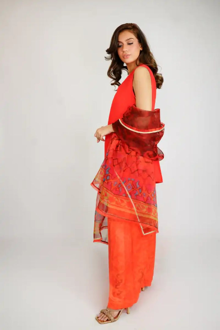 Gulabo - RED ROMANCE - 100% PURE RAW SILK - BLENDED SILK - ORGANZA - Red Maroon - 3 Piece