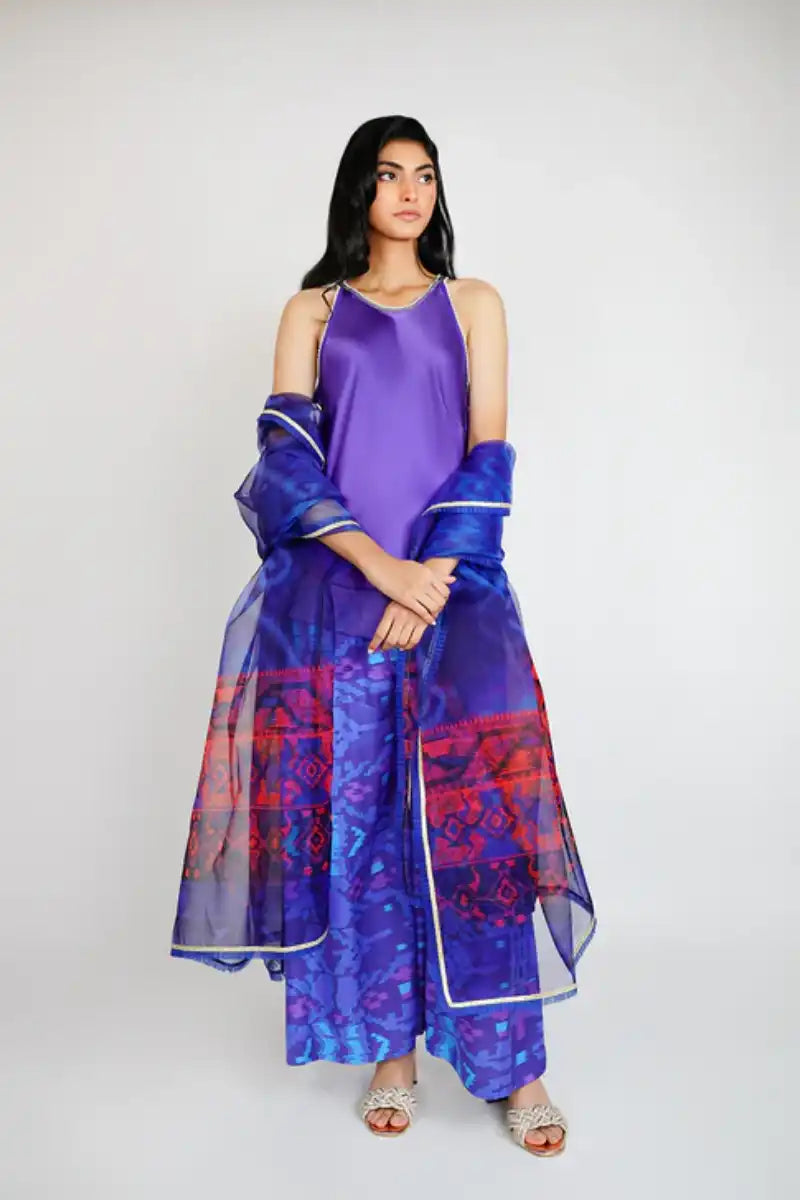 Gulabo - BLUE MOON - 100% PURE RAW SILK - BLENDED SILK - ORGANZA - Purple Navy - 3 Piece