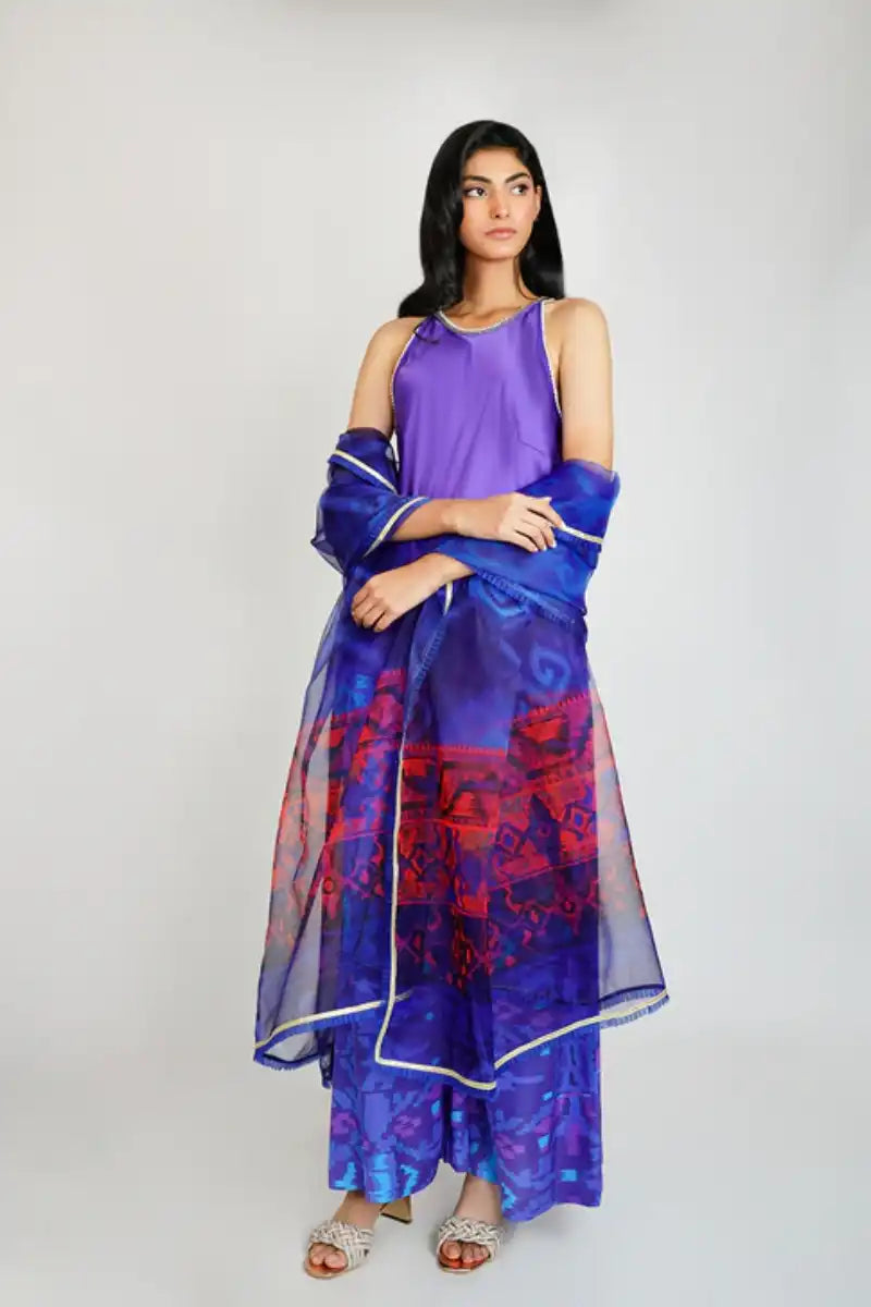 Gulabo - BLUE MOON - 100% PURE RAW SILK - BLENDED SILK - ORGANZA - Purple Navy - 3 Piece