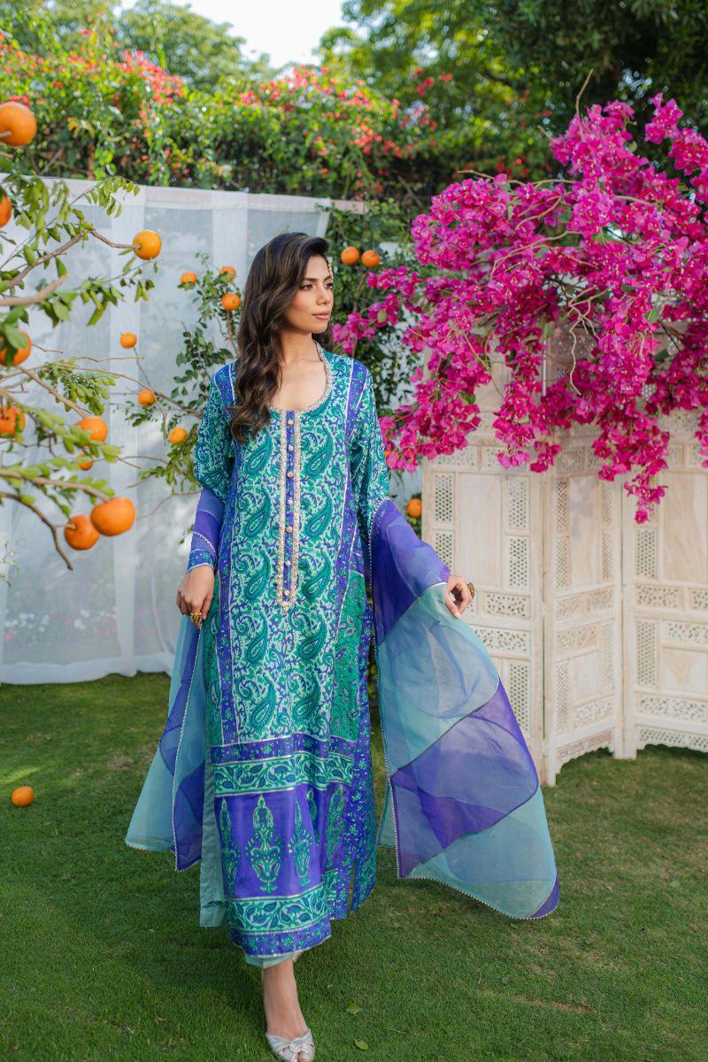 Shehrnaz - SHK-1270 - Kaftan - Purple & Mint - Silk / Organza - 3 Piece