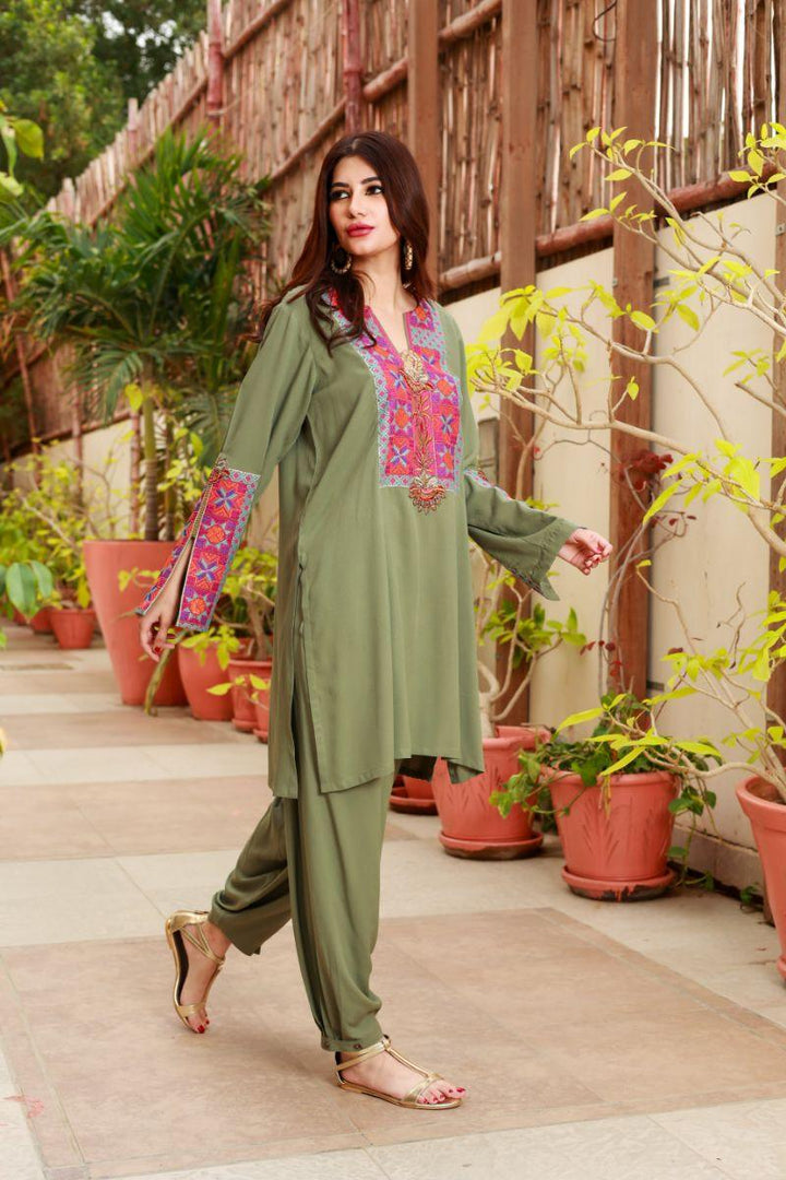 Huma Adnan - Daisy - Linen - Sage - 2 Piece - Stitched