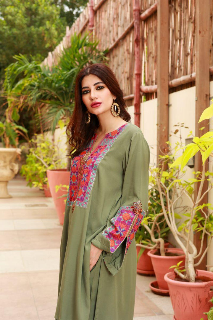 Huma Adnan - Daisy - Linen - Sage - 2 Piece - Stitched