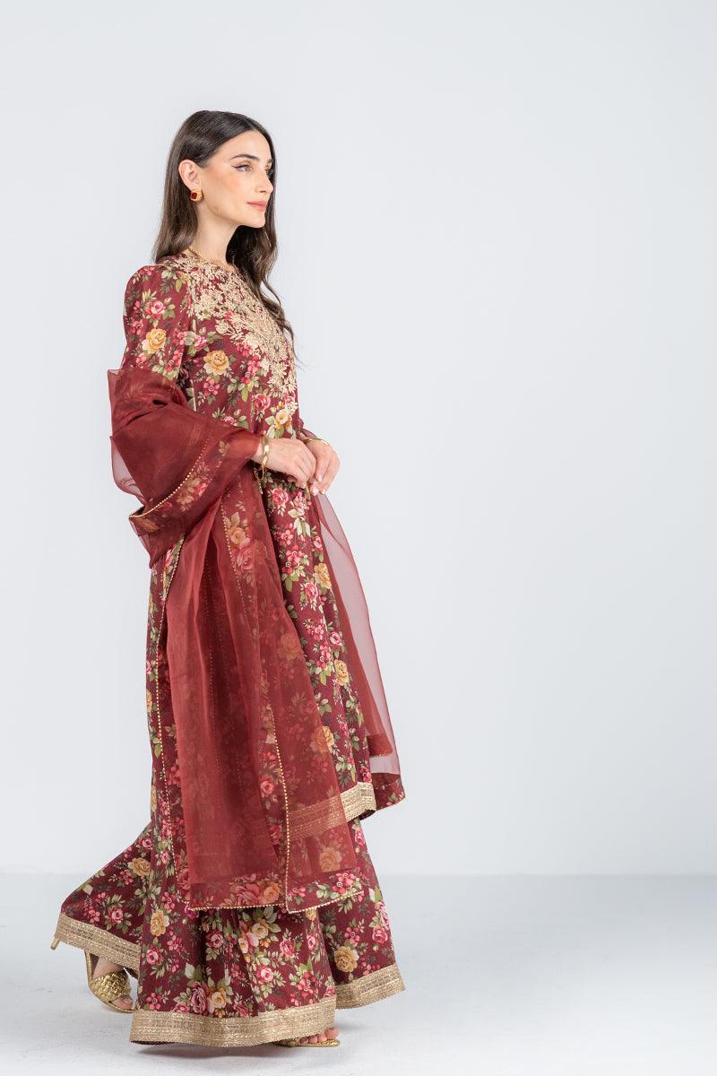 Ego - Gulnaz 3 piece - Maroon - Embroidery and Digital  Print - Viscose