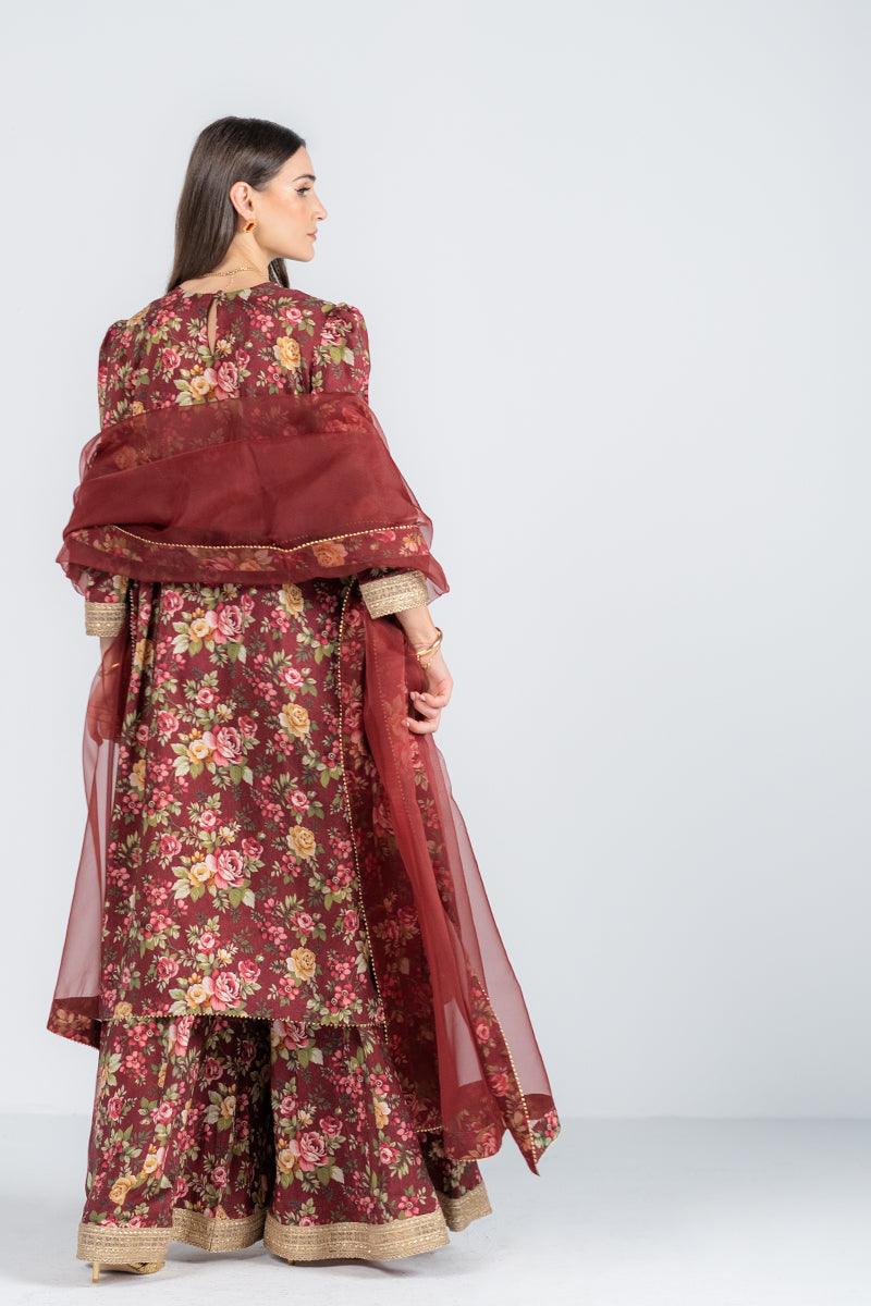 Ego - Gulnaz 3 piece - Maroon - Embroidery and Digital  Print - Viscose