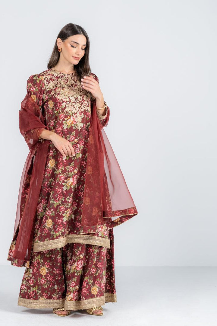 Ego - Gulnaz 3 piece - Maroon - Embroidery and Digital  Print - Viscose