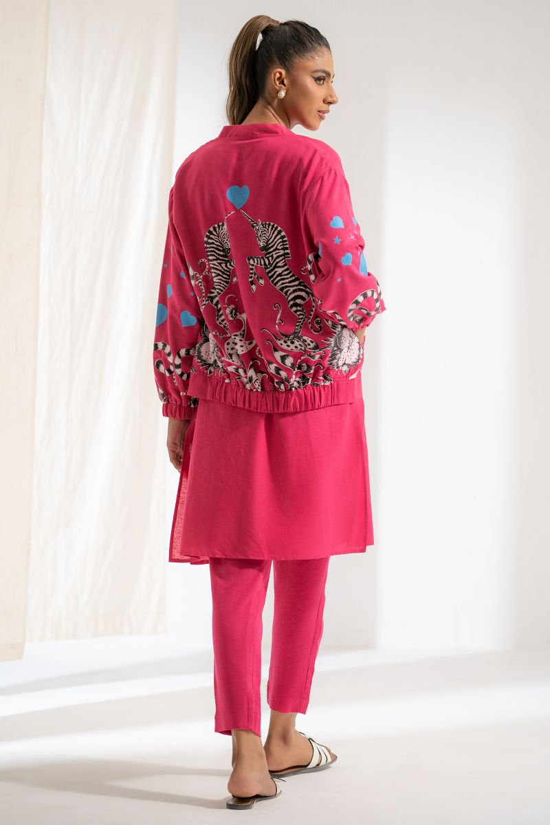 Ego - Zebra Jacket 3 piece - Hand Screen Print - Khaddar - Dull Pink