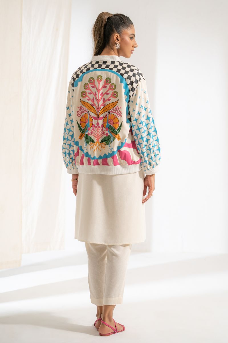 Ego - Morni Jacket 3 piece - Hand Screen Print - Khaddar - Cream