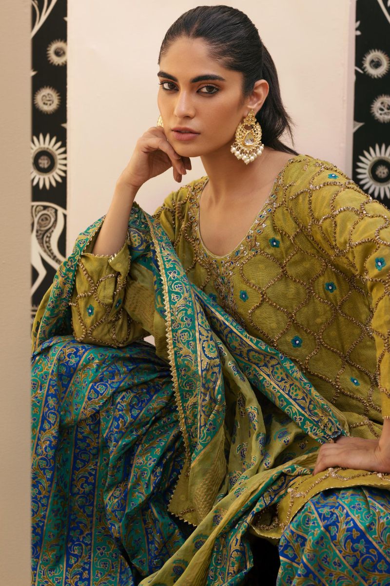 Shehrnaz - SHK-1389 - Olive - Cotton net - 3 Piece