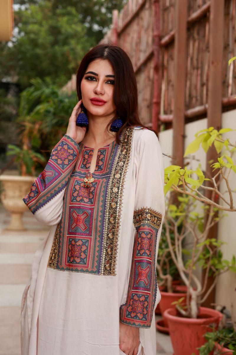 Huma Adnan - Egg Shell - Linen - Off White - 2 Piece - Stitched