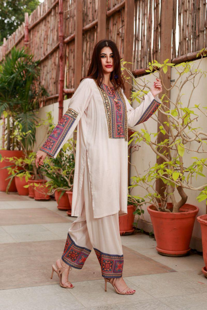 Huma Adnan - Egg Shell - Linen - Off White - 2 Piece - Stitched