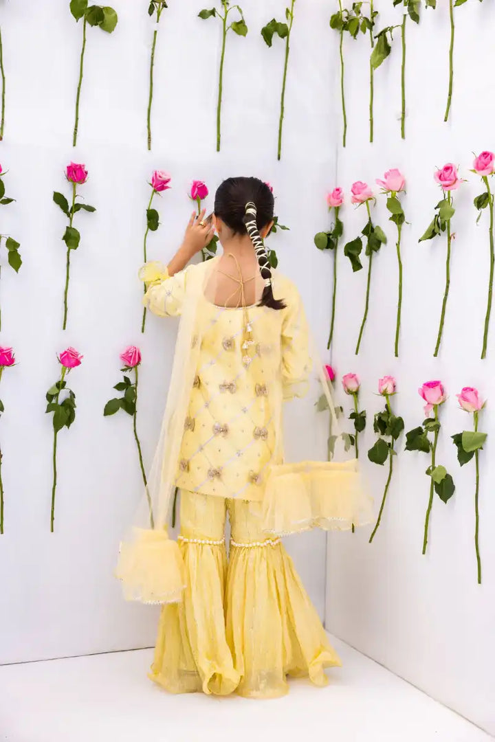 Mia & Mila - Emira Bows Gharara - Sunny Lemon - Raw Silk - 4 Piece