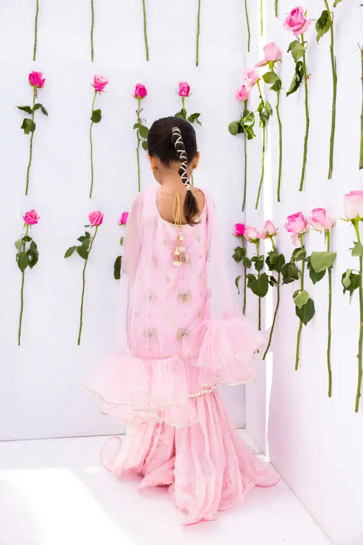 Mia & Mila - Emira Bows Gharara - Blush Pink - Raw Silk - 4 Piece