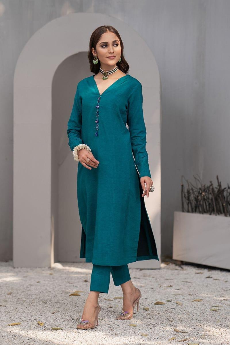 Fozia Khalid - Aqua Marine Pishwas with Pants - Studio by TCS