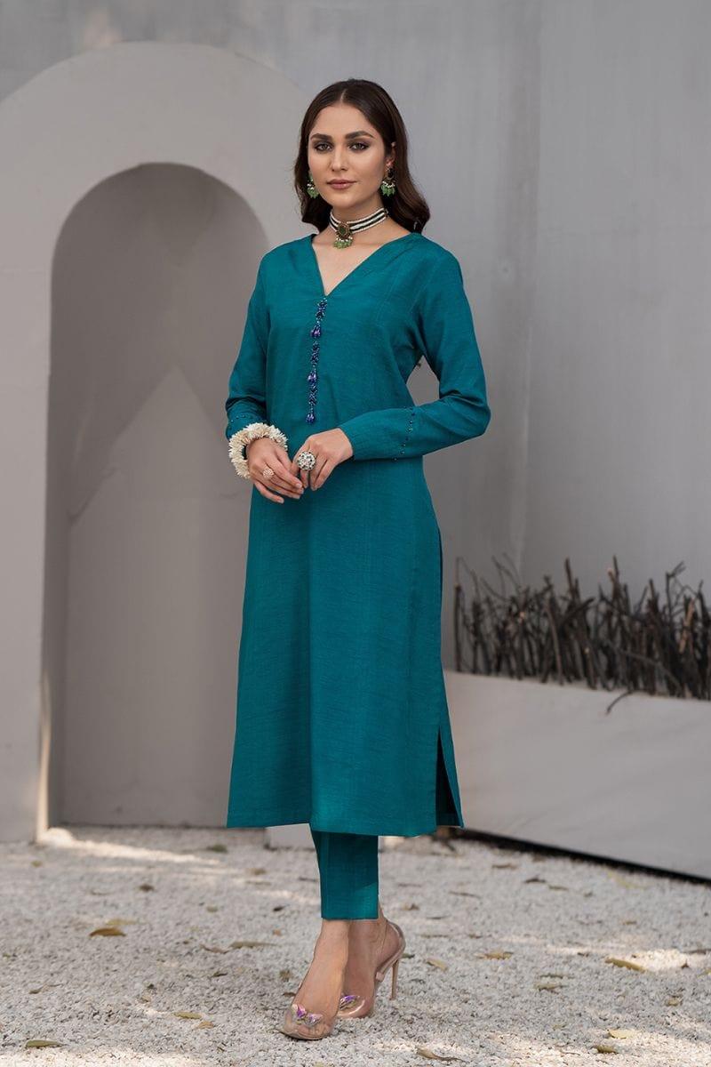 Fozia Khalid - Aqua Marine Pishwas with Pants - Studio by TCS