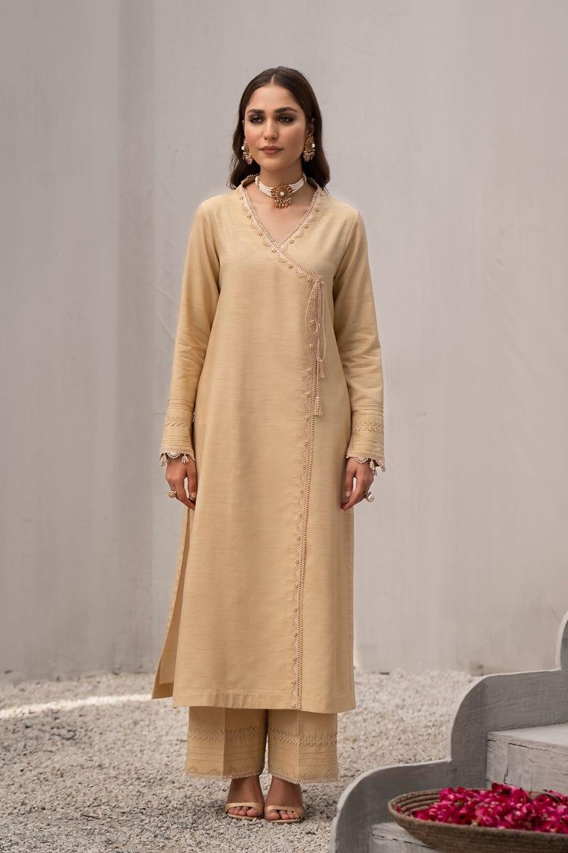 Fozia Khalid - Korean Silk Beige Angrakha with Culottes - 2 Piece - Studio by TCS