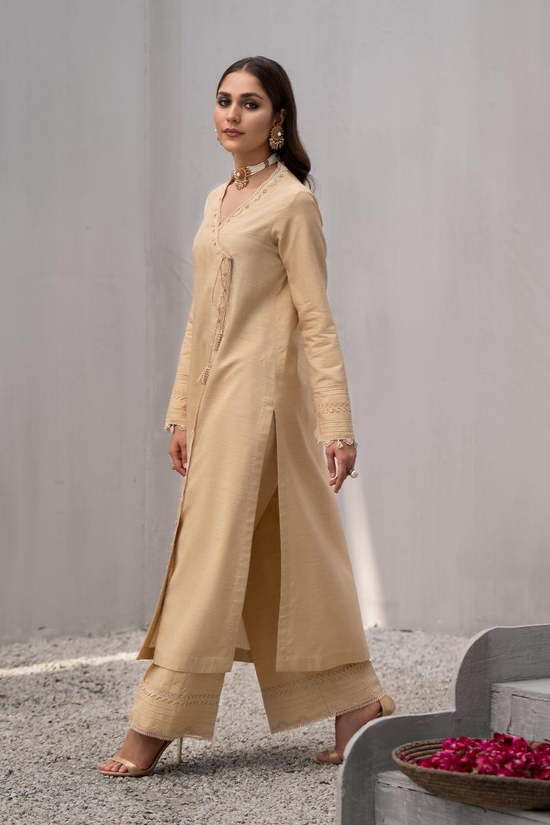 Fozia Khalid - Korean Silk Beige Angrakha with Culottes - 2 Piece - Studio by TCS