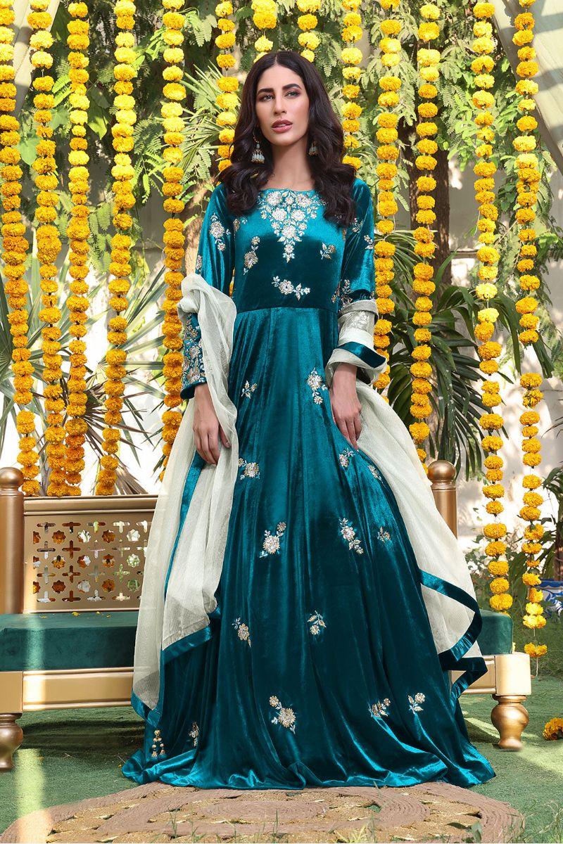 Sanas - Floral Lorex Embroidered Velvet Long Maxi - ZEENAT - M202218 - Sea Green & Black - Studio by TCS