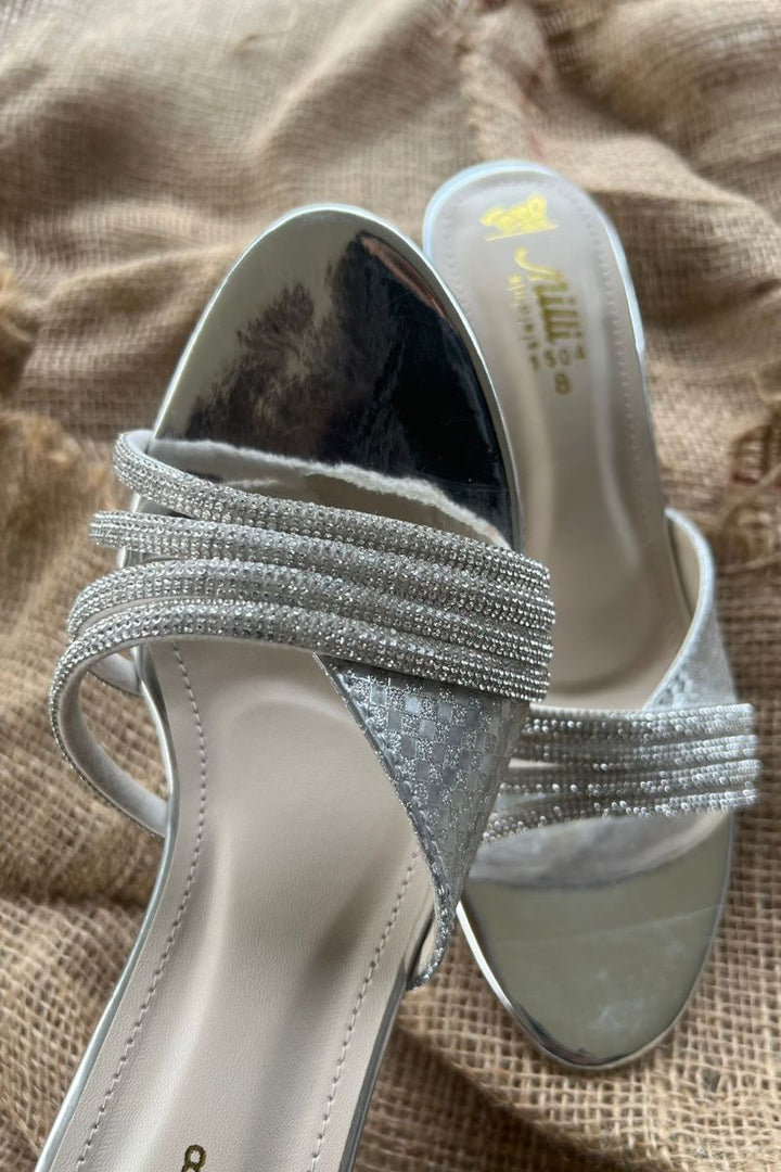 Milli Shoes - Formal Embellished Block Heels - Silver - 1504