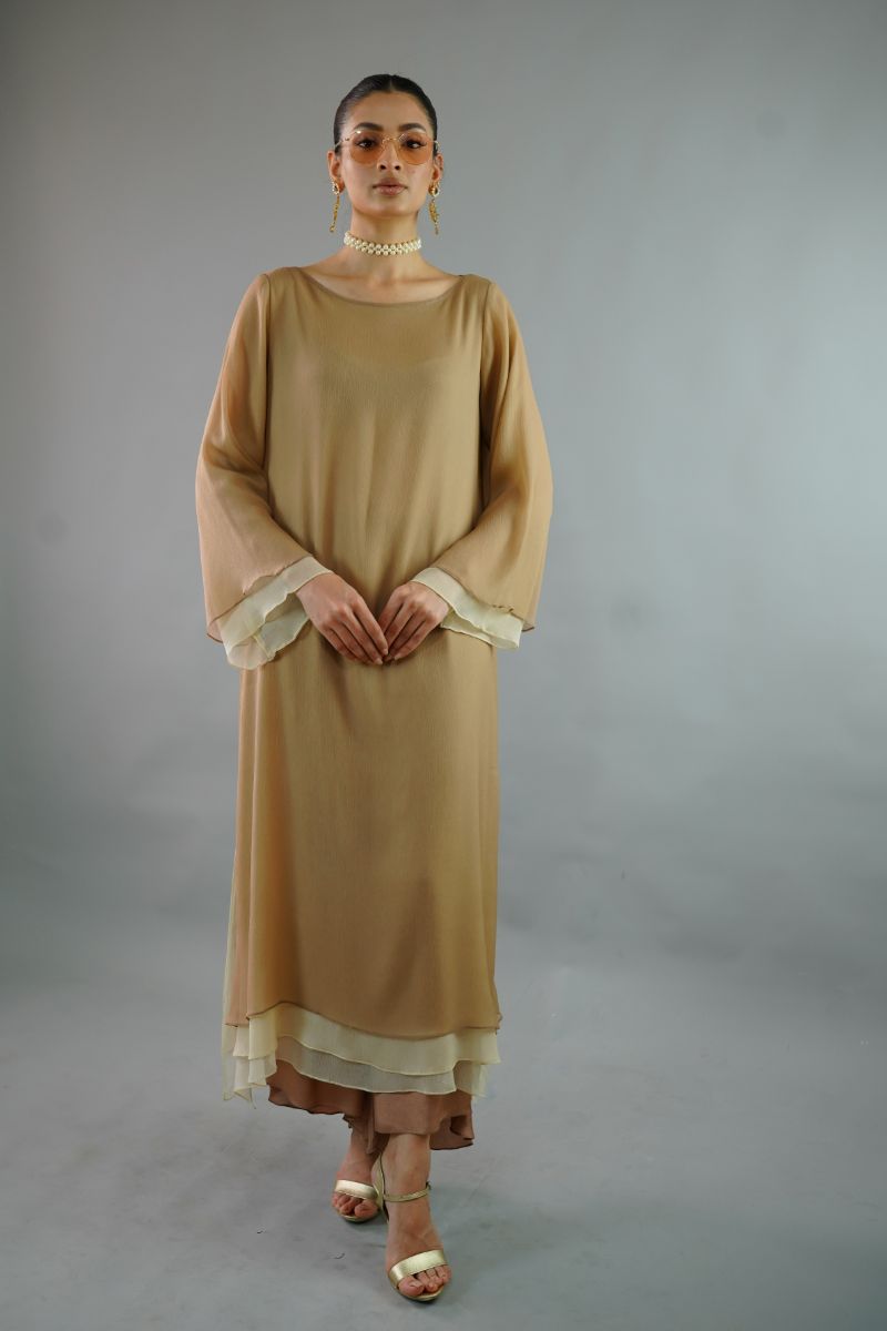 Gulabo - LATTE TUNIC - Blended chiffon & COTTON SILK - BIEGE BROWN - 3 Piece