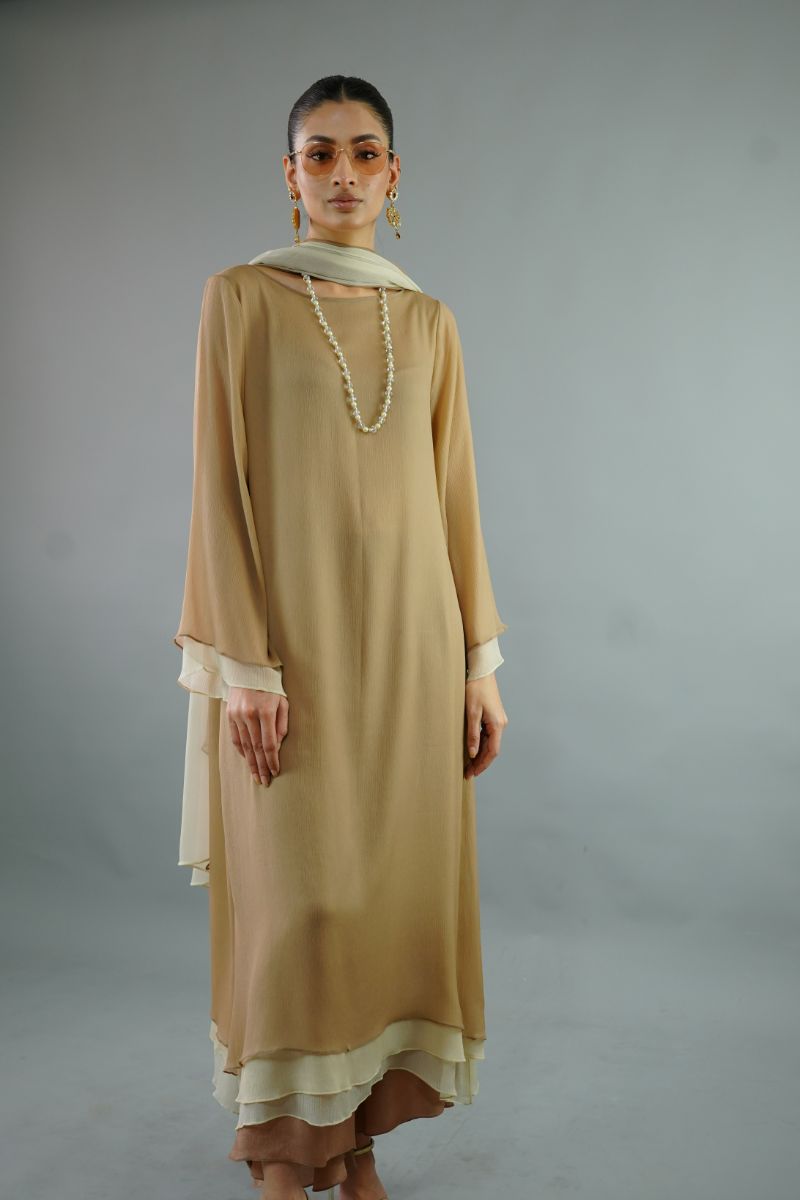 Gulabo - LATTE TUNIC - Blended chiffon & COTTON SILK - BIEGE BROWN - 3 Piece