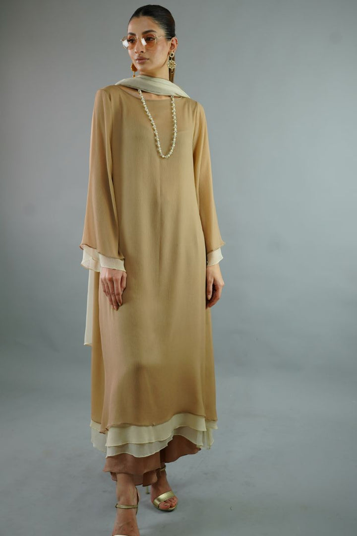 Gulabo - LATTE TUNIC - Blended chiffon & COTTON SILK - BIEGE BROWN - 3 Piece