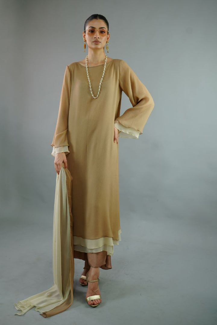 Gulabo - LATTE TUNIC - Blended chiffon & COTTON SILK - BIEGE BROWN - 3 Piece