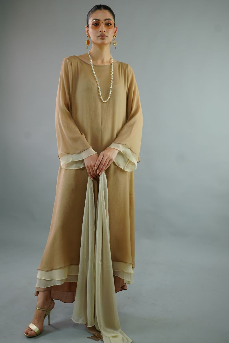 Gulabo - LATTE TUNIC - Blended chiffon & COTTON SILK - BIEGE BROWN - 3 Piece