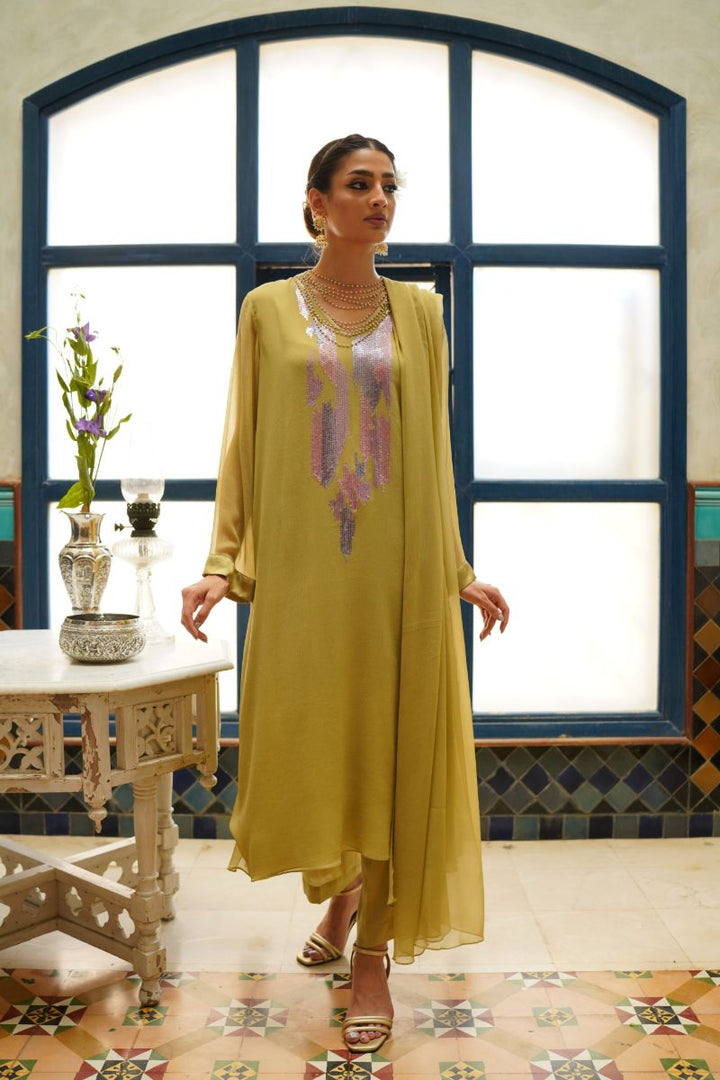 Gulabo - SABRINA TUNIC - Blended chiffon & COTTON SILK - MEHNDI - 3 Piece