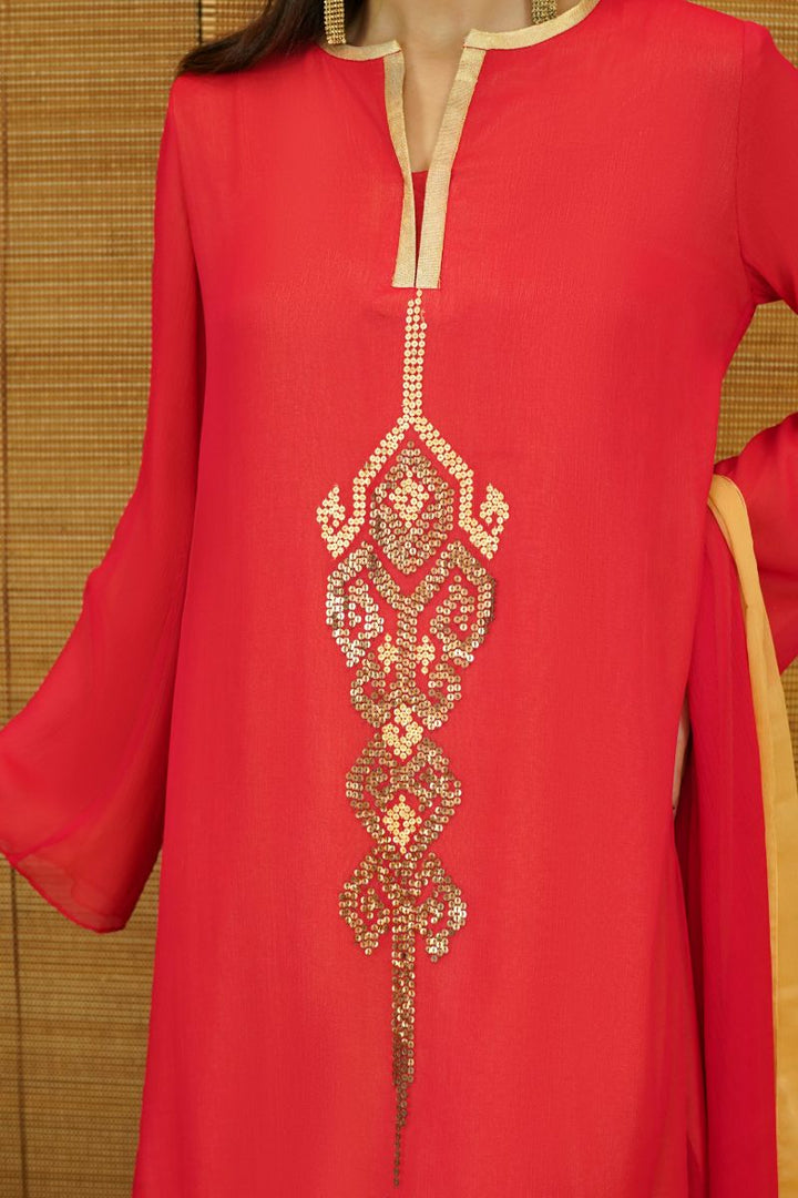 Gulabo - RED ROSE - Blended chiffon & COTTON SILK - RED - 3 Piece