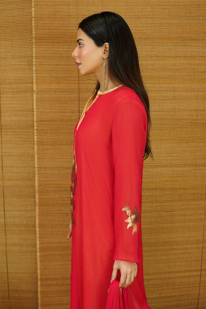 Gulabo - RED ROSE - Blended chiffon & COTTON SILK - RED - 3 Piece