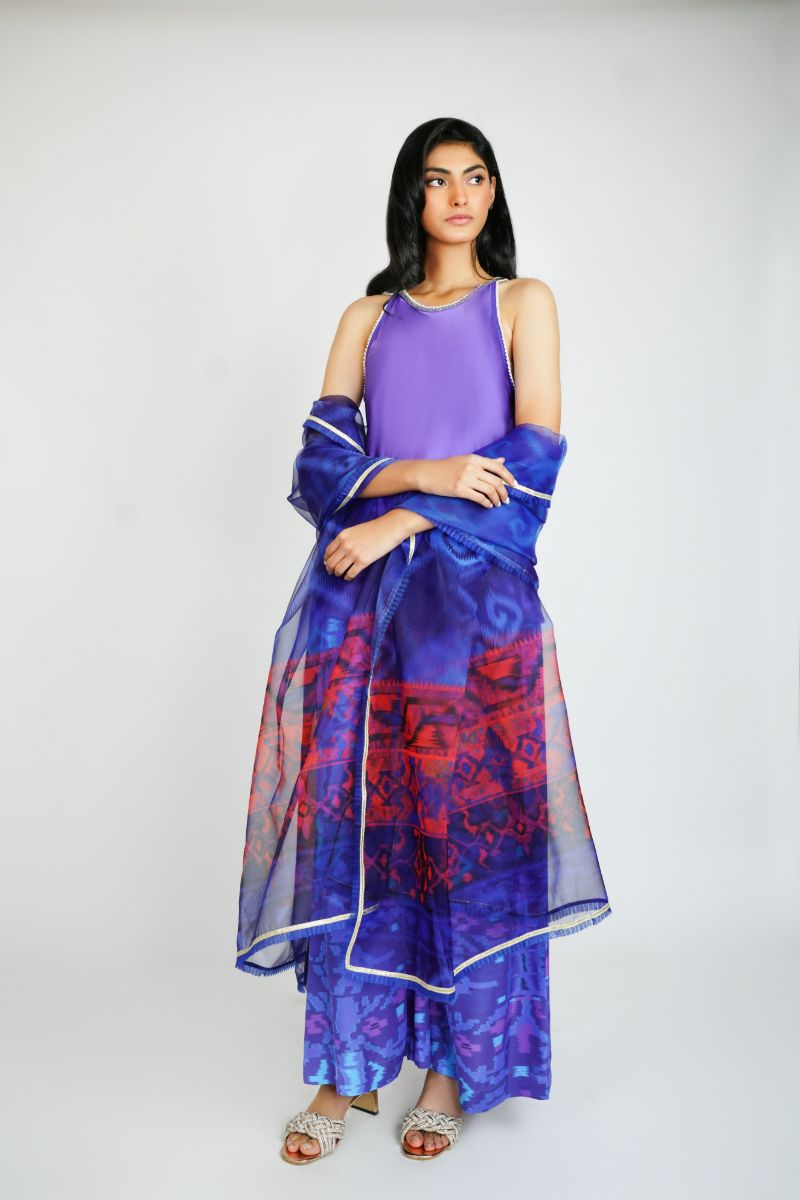 Gulabo - BLUE MOON - 100% PURE RAW SILK, BLENDED SILK & ORGANZA - Purple Navy - 3 Piece