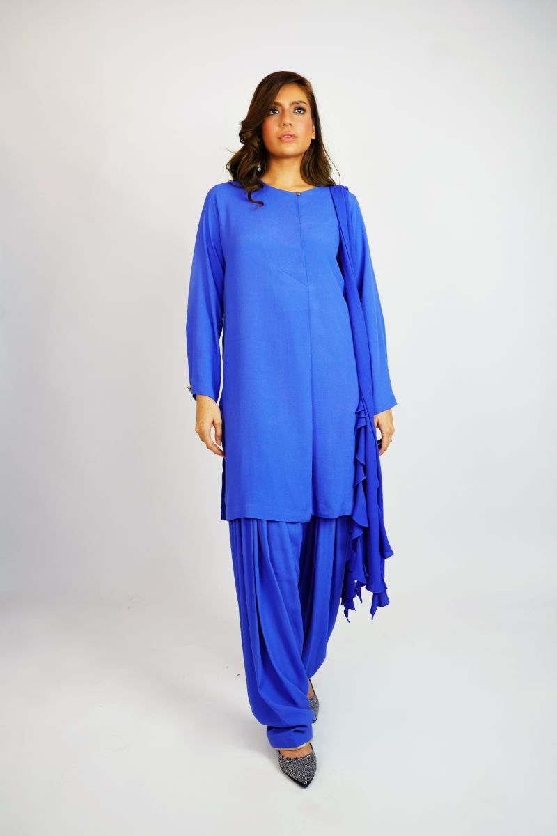 Gulabo - CORN FLOWER SHALWAR SUIT - Crepe - Electric Blue - 3 Piece