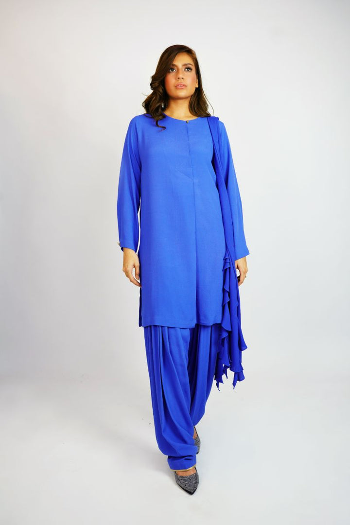 Gulabo - CORN FLOWER SHALWAR SUIT - Crepe - Electric Blue - 3 Piece